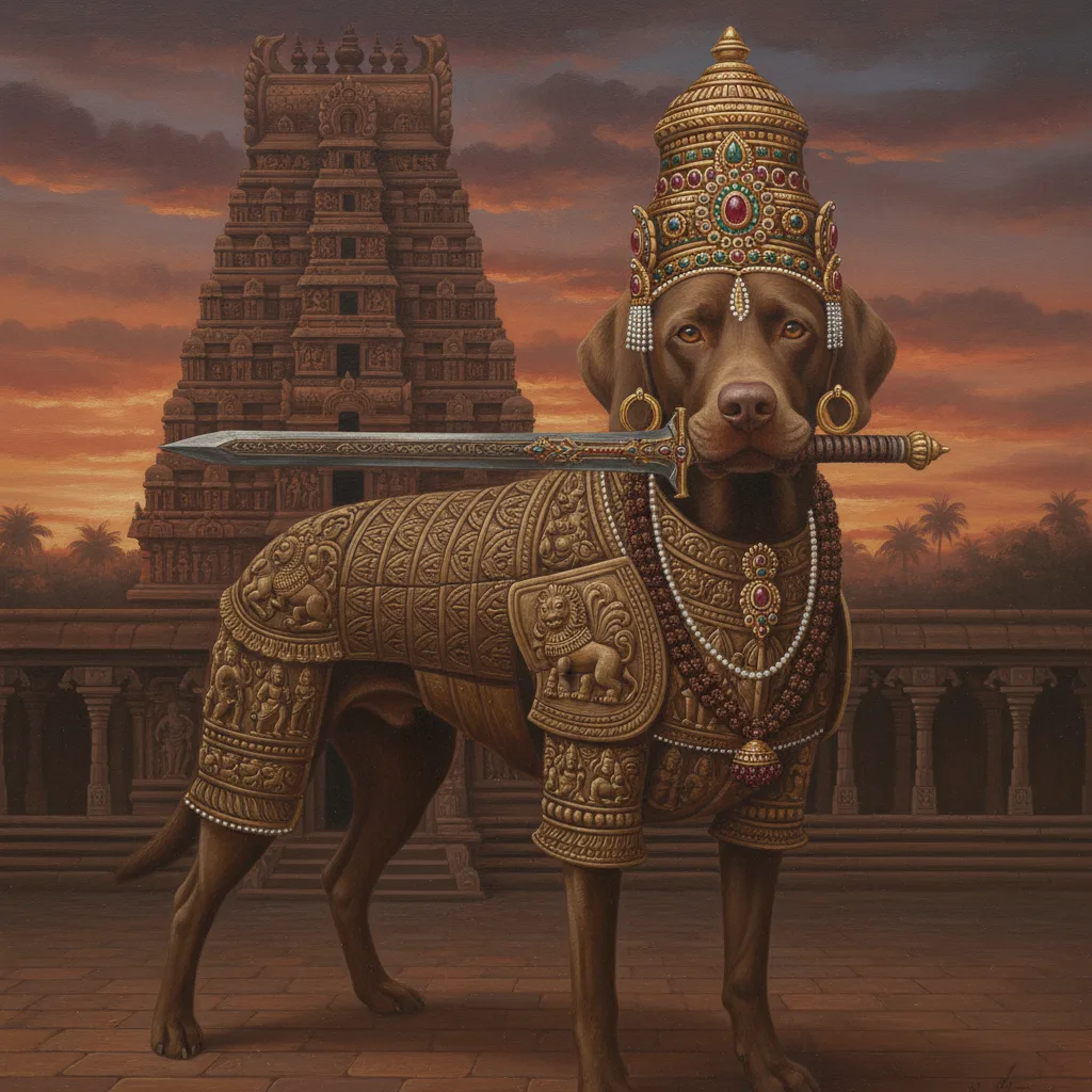 Vizsla and Labrador mix painted in the Chola Warrior style