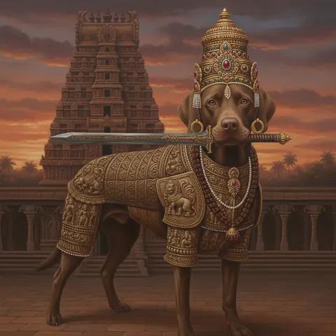 Vizsla and Labrador Mix painted in the Chola Warrior style