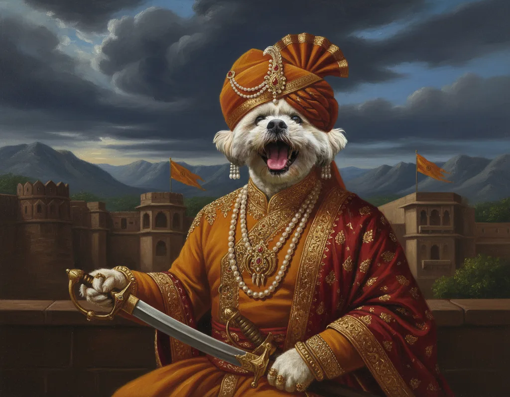 Shih Tzu painted in the Maratha King style, in an orange turban and pearls, holding a sword