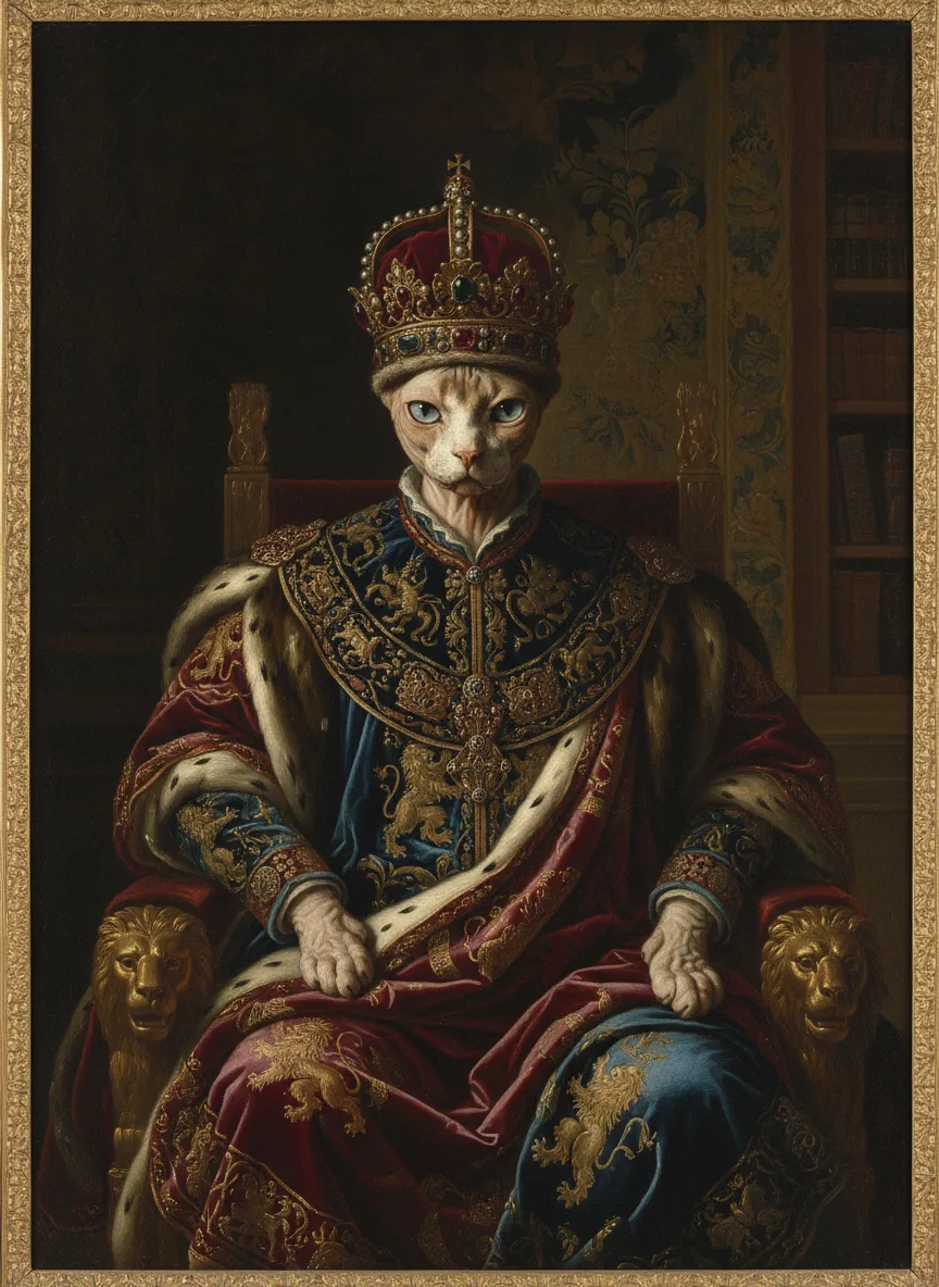 Sphynx cat painted in the Renaissance Royal portrait style