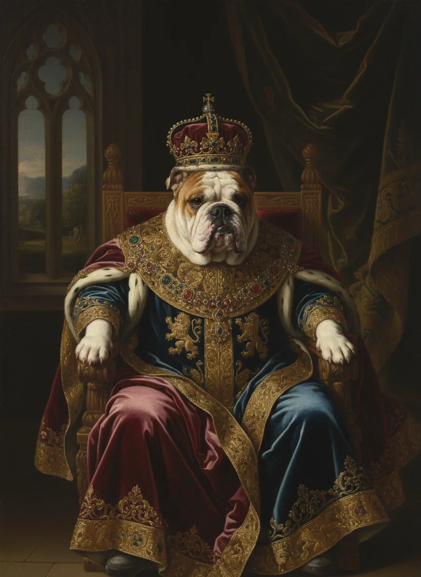 English bulldog in the Renaissance Royal style, crowned and seated on a carved throne in a robe trimmed with ermine