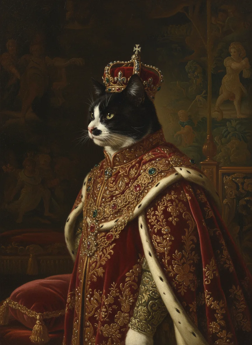 Tuxedo cat painted in the Renaissance Royal style