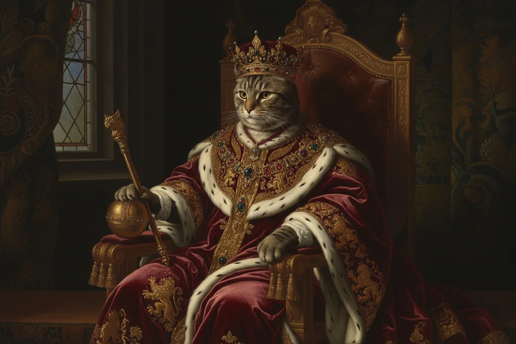 Tabby cat painted in the Renaissance Royal portrait style