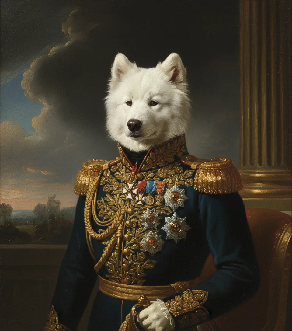 Samoyed painted in the Military General style