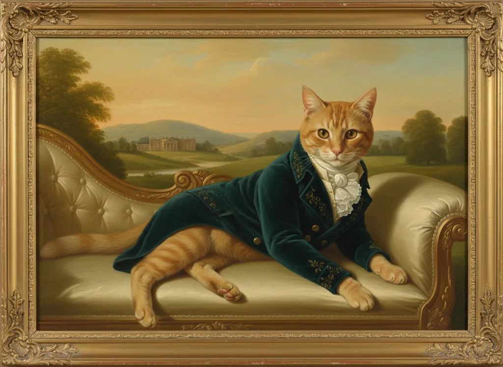 Tabby cat painted in the Regency Era style