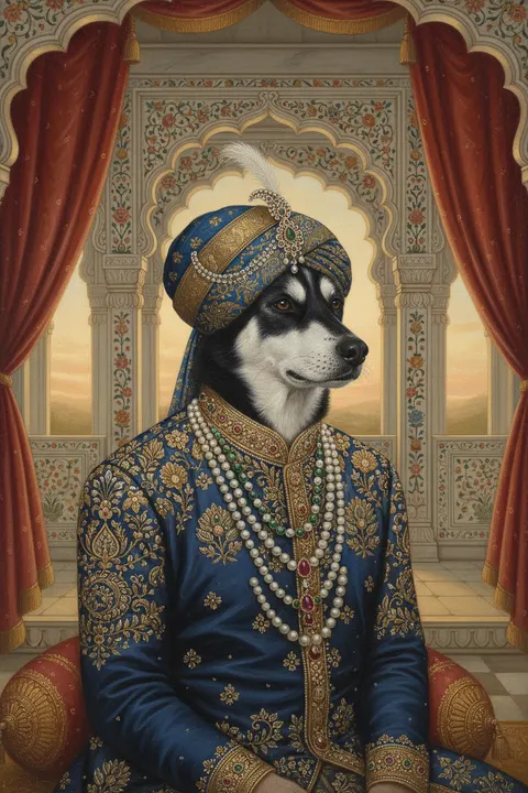 Corgi and Husky Mix painted in the Indian Royalty style
