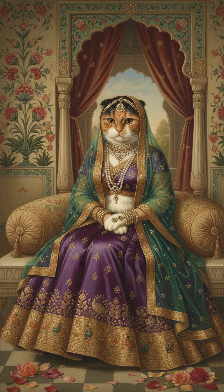 Calico cat painted in the Maharani style
