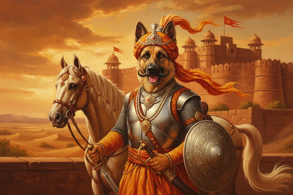 German Shepherd painted in the Rajput Warrior style