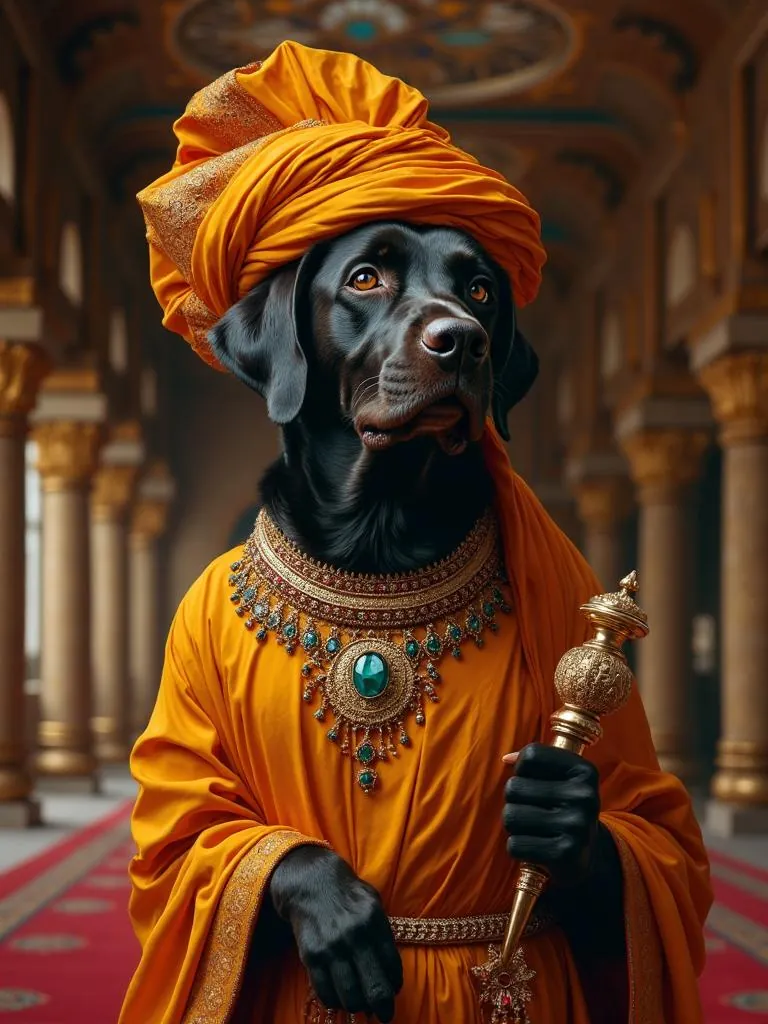 Black labrador as Mysore royalty in a saffron turban, holding a gold sceptre