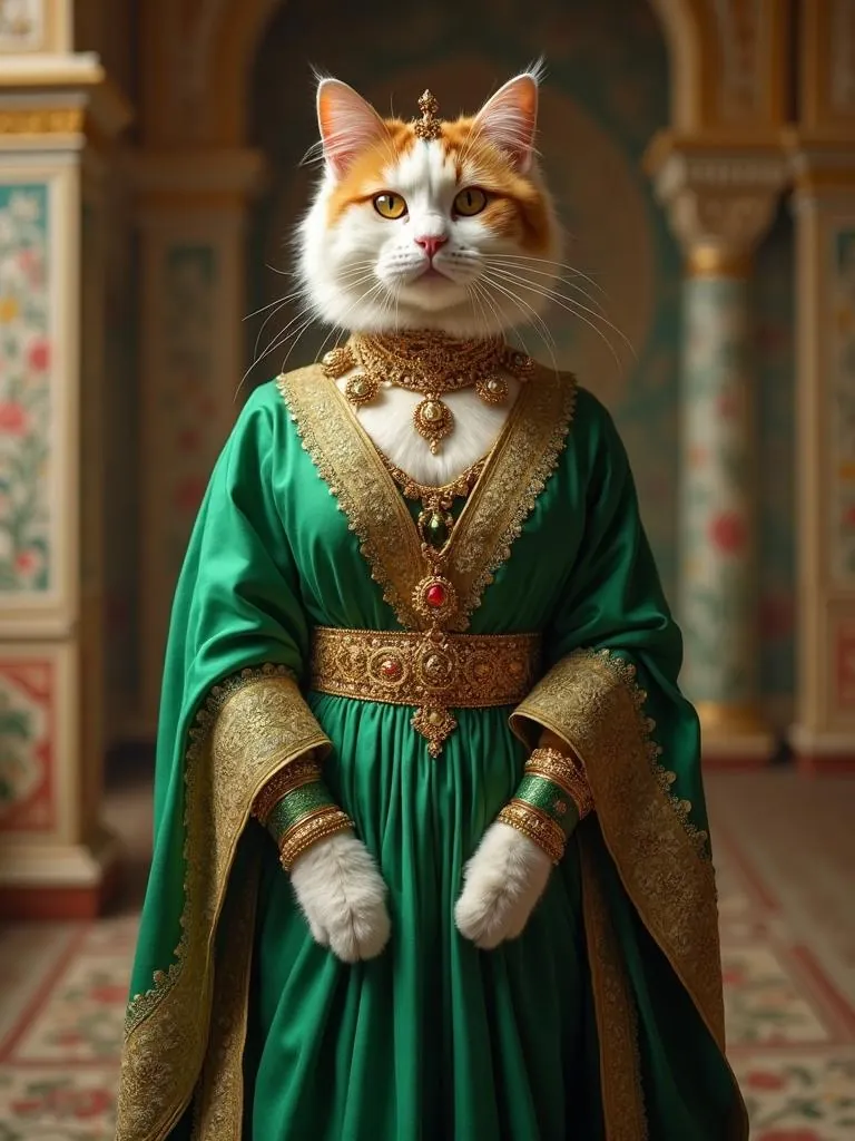 Maharani cat portrait: white and ginger cat in a green and gold gown