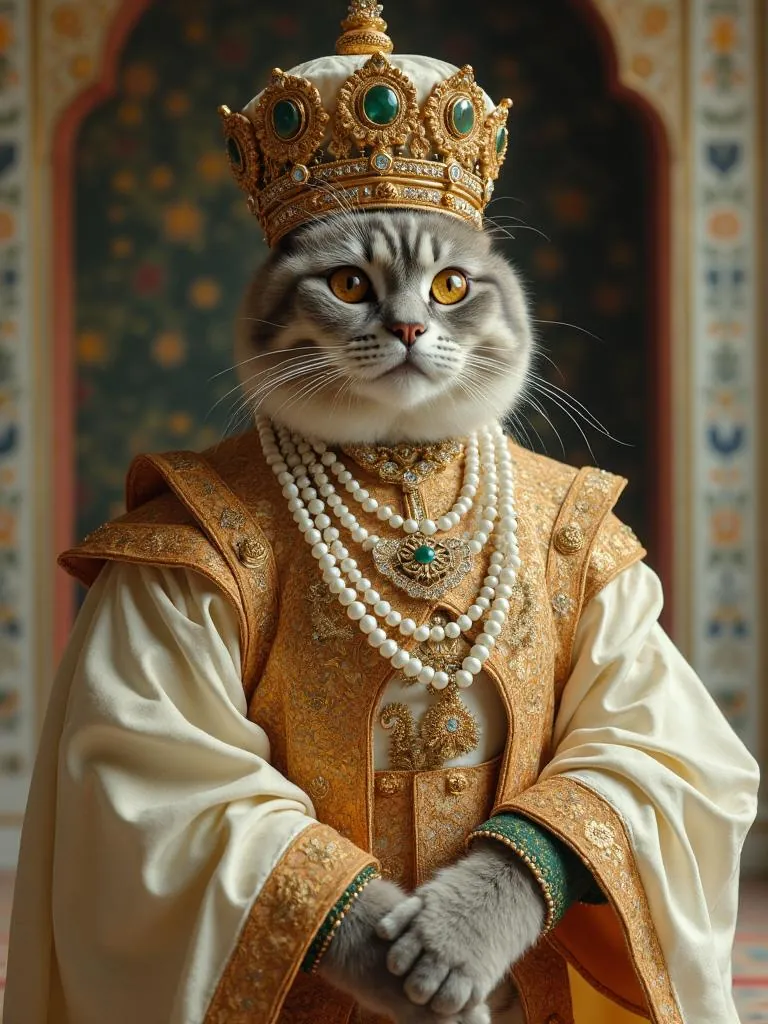 Grey cat as a Mughal emperor wearing a jewelled crown and pearls