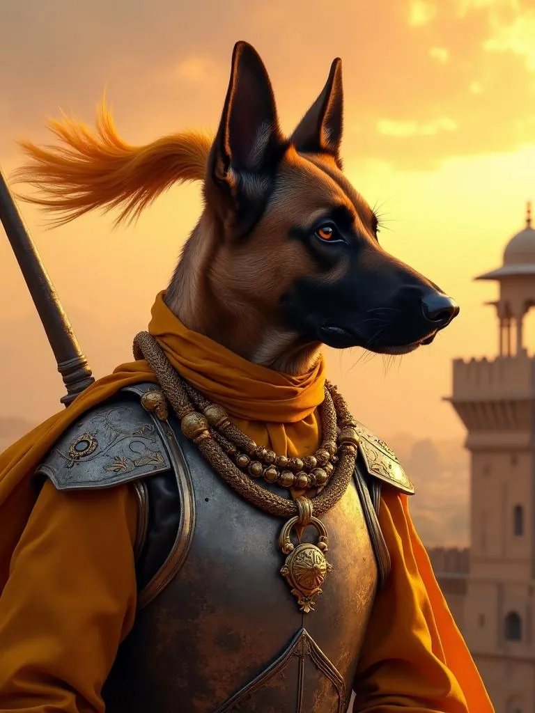 Dog as a Rajput warrior in armour, with a fort at sunset behind