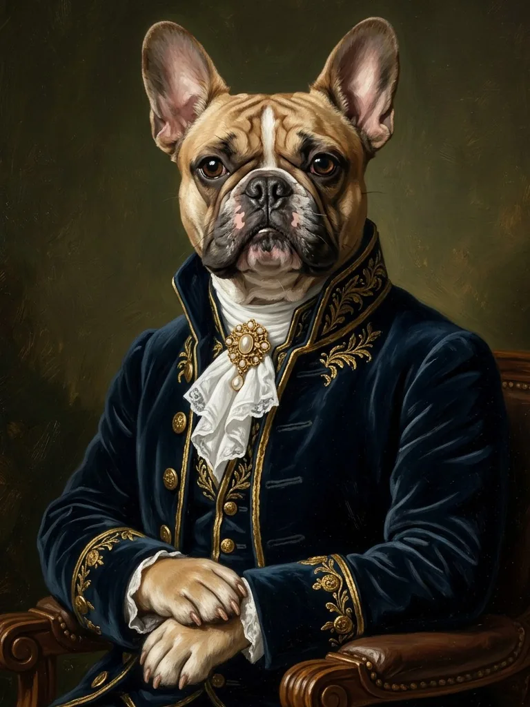 French bulldog as a Victorian Noble in a velvet coat with a lace cravat