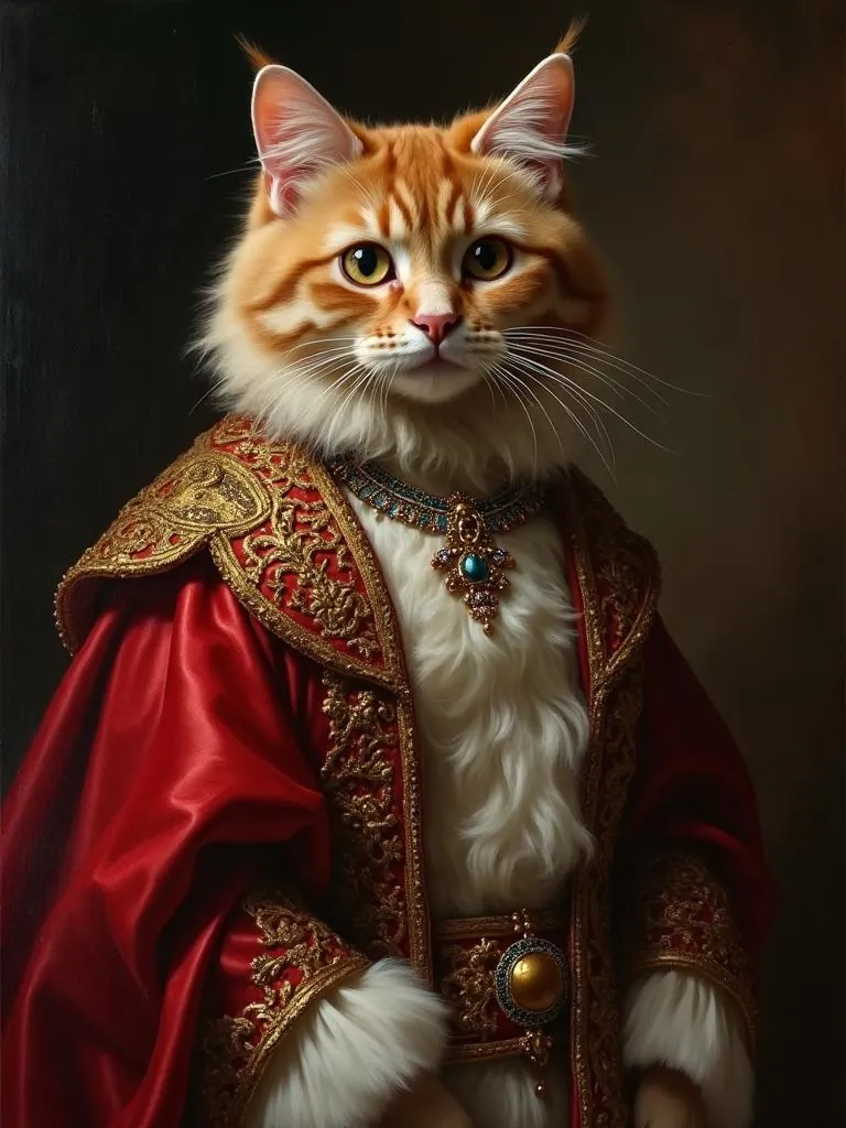 Ginger cat in a red and gold royal robe