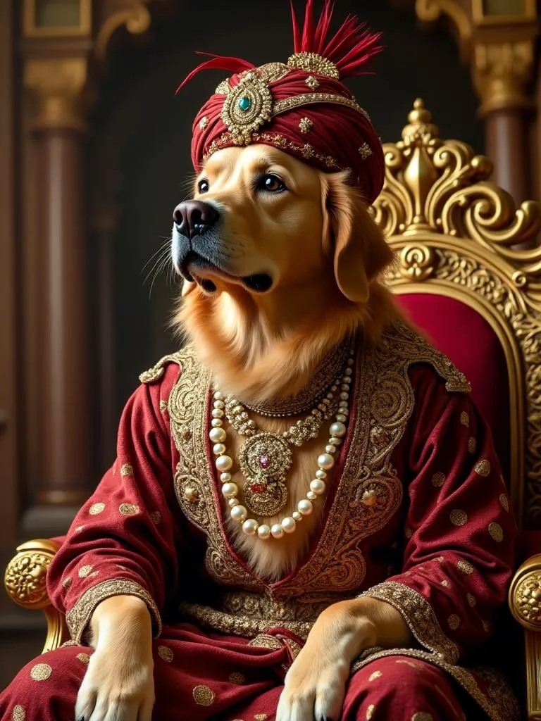 Maharaja dog portrait: golden retriever in a red jewelled turban, seated on a gold throne