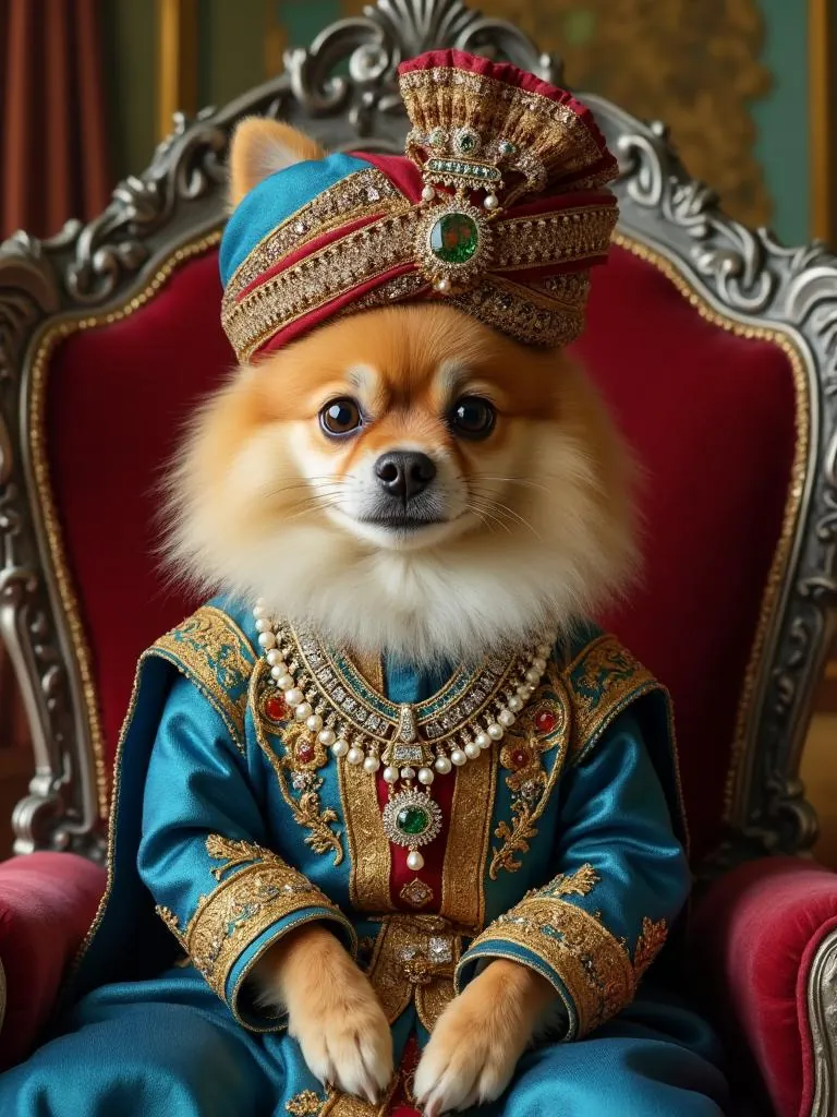 Pomeranian as Patiala royalty in a blue coat and jewelled turban on a red throne